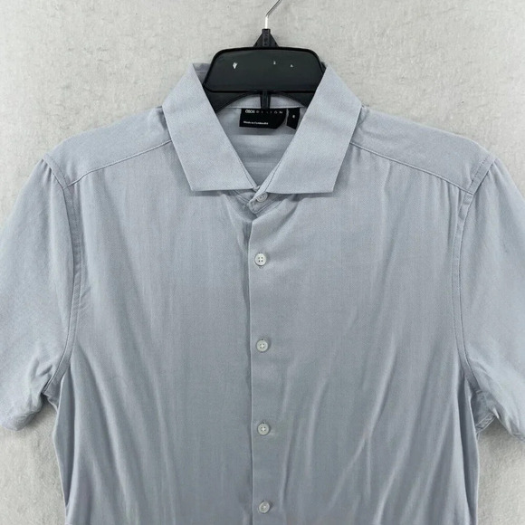 Asos Design Shirt Men's Sz M Light Gray Full Button Herringbone Stretch Collared - Picture 6 of 10